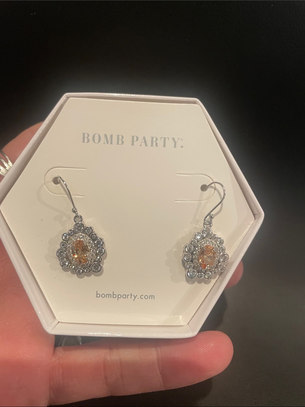 Bomb Party Sterling Silver Smokey Topaz Cubic Zirconia Halo Drop Earrings. NIB